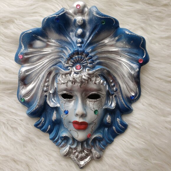 Vintage CLB Girl Face Venetian Clay Mask Wall Decor Art Deco Mardi Gras Style
